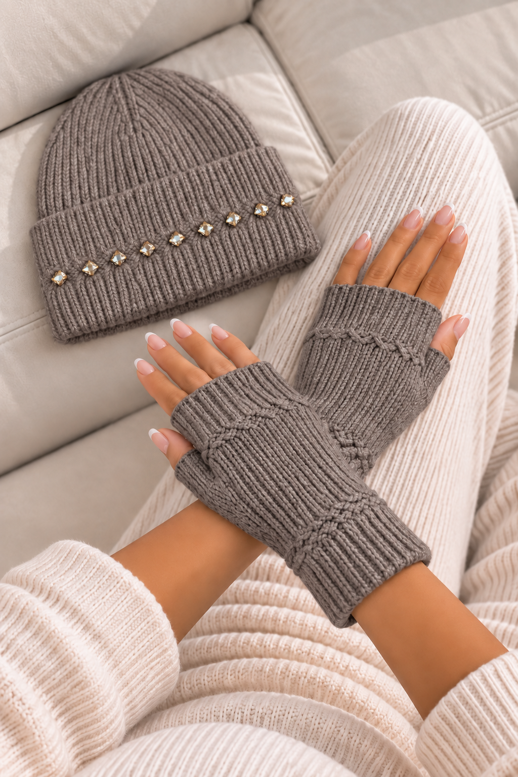 A person wearing mocha fingerless knit gloves sits on a light beige sofa, with a matching gray beanie resting beside them. The beanie has a row of small rhinestone-like embellishments across the cuff.