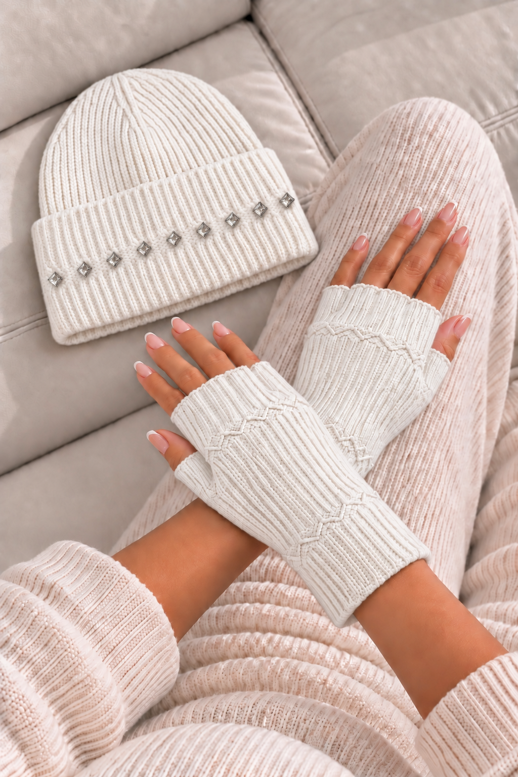 Marnie Wool Blend Sparkly Beanie &amp; Gloves Set White