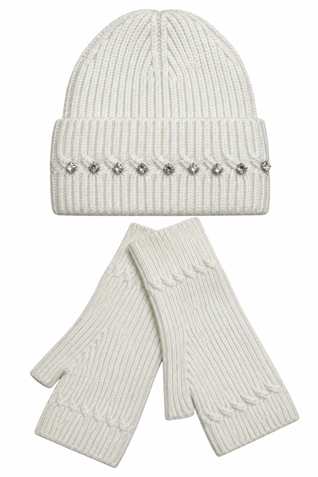An off-white ribbed knit beanie hat with a row of rhinestone embellishments on the cuff, displayed above a matching pair of off-white fingerless knit gloves on a plain white background.