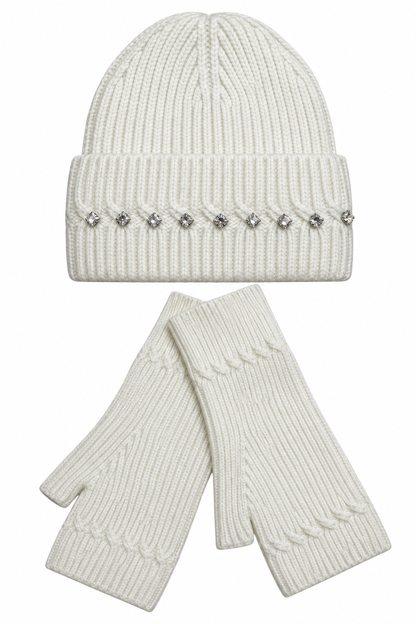 An off-white ribbed knit beanie hat with a row of rhinestone embellishments on the cuff, displayed above a matching pair of off-white fingerless knit gloves on a plain white background.