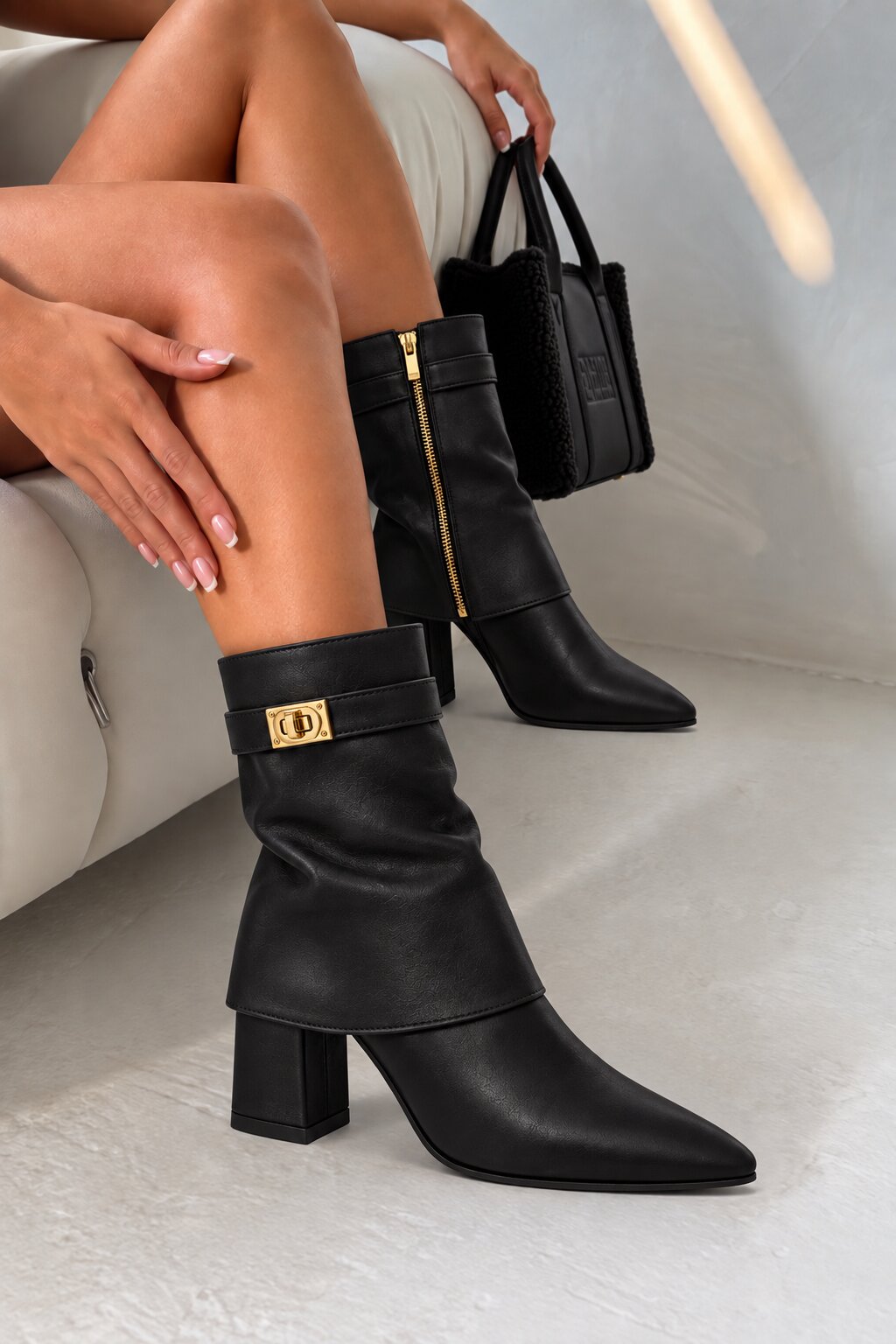 Mayfair Luxe Iconic Buckle Faux Leather Pointed Toe Mid-Calf Foldover Boots Black