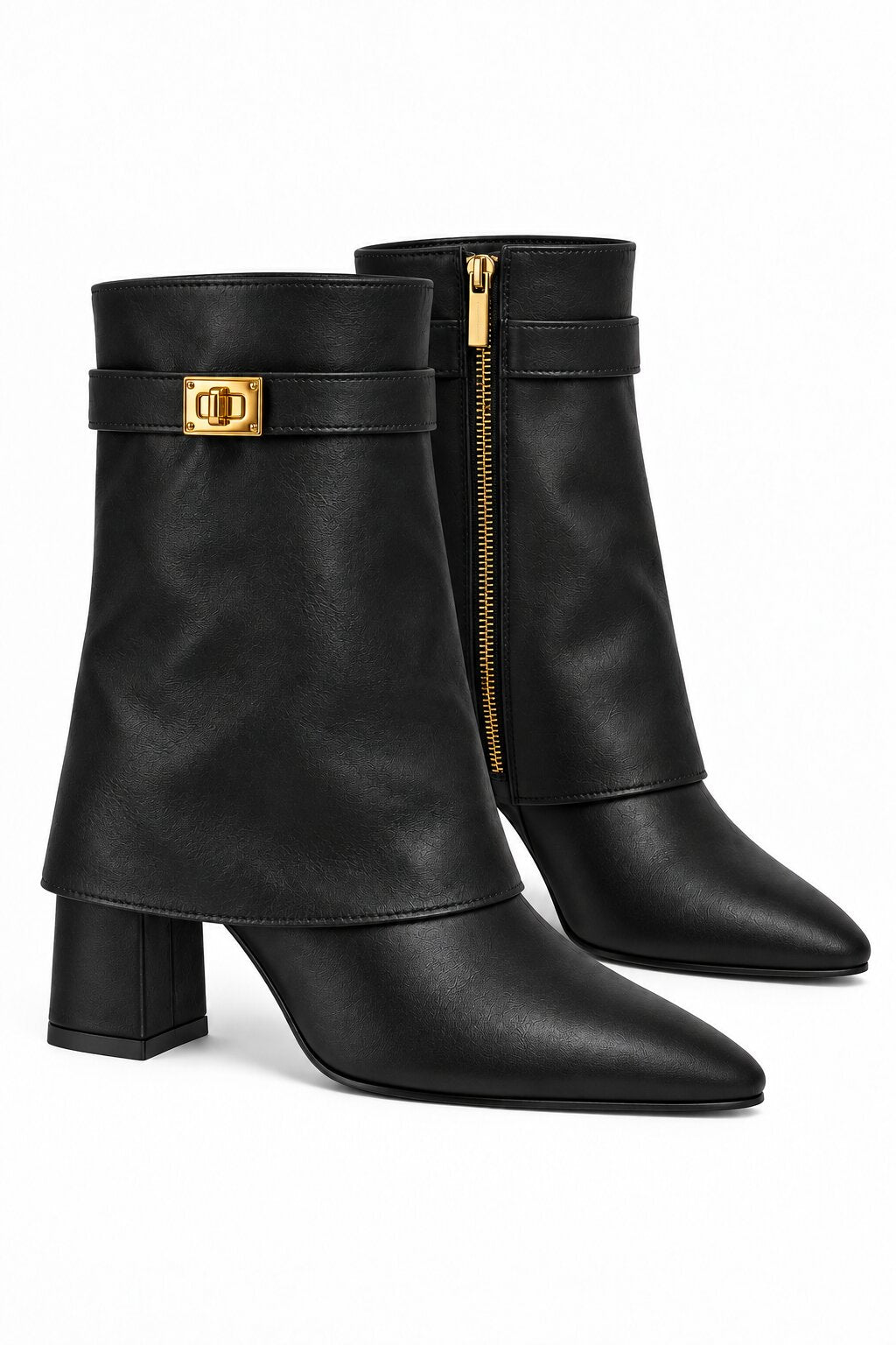 Mayfair Luxe Iconic Buckle Faux Leather Pointed Toe Mid-Calf Foldover Boots Black