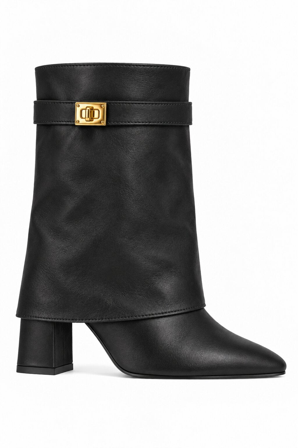 Mayfair Luxe Iconic Buckle Faux Leather Pointed Toe Mid-Calf Foldover Boots Black