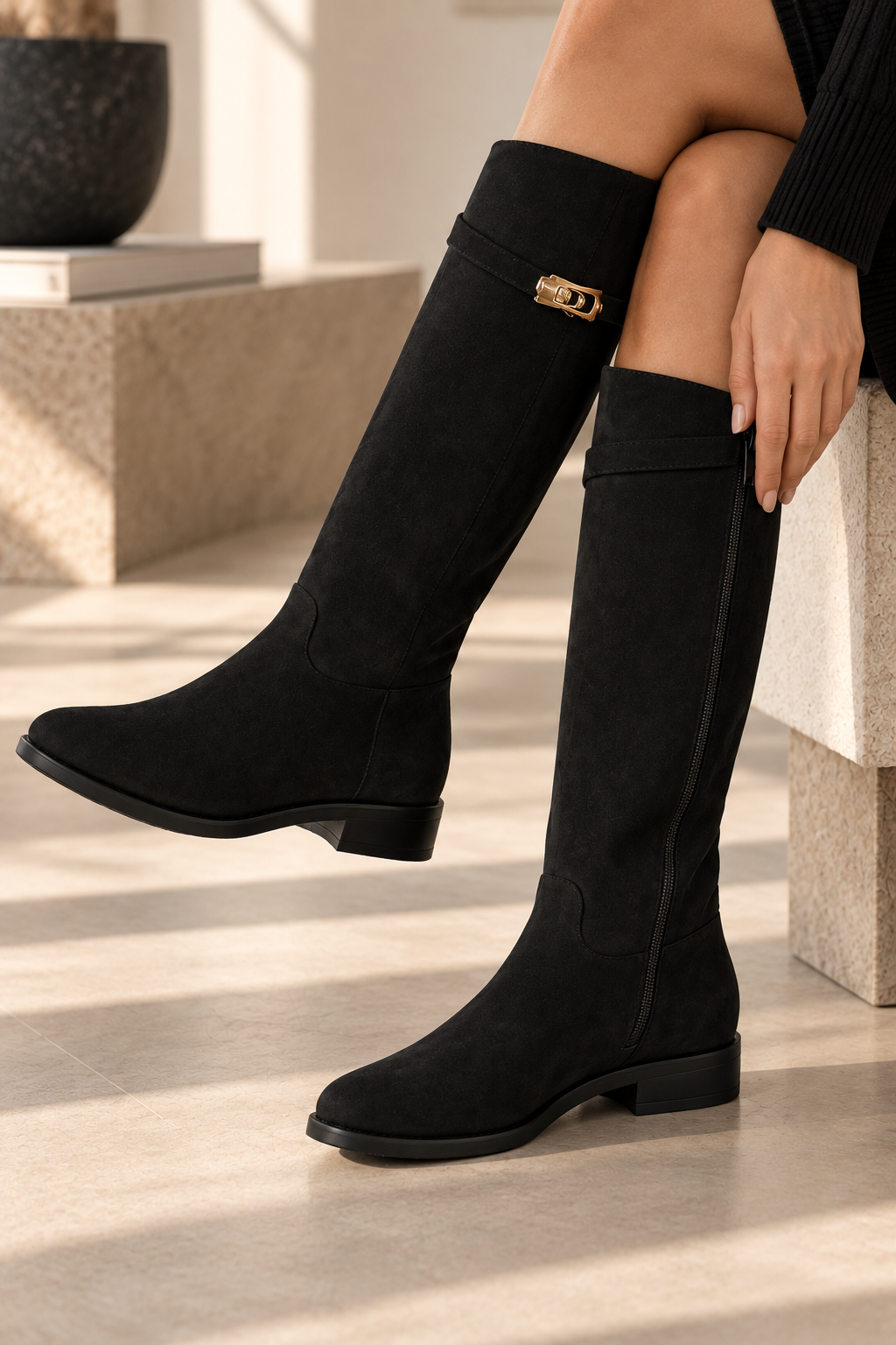 Mayfair Luxe Iconic Buckle Faux Suede Knee High Zip Up Buckle Boots Black