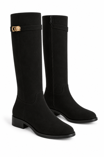 Mayfair Luxe Iconic Buckle Faux Suede Knee High Zip Up Buckle Boots Black
