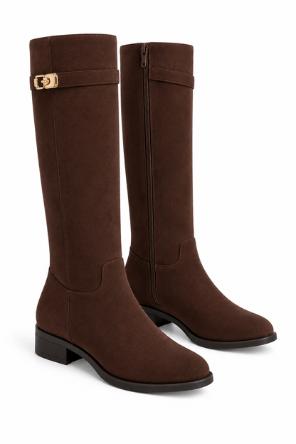 Mayfair Luxe Iconic Buckle Faux Suede Knee High Zip Up Buckle Boots Brown