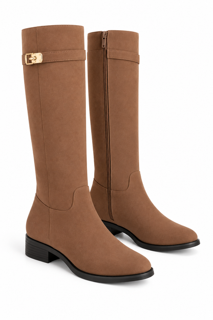 Mayfair Luxe Iconic Buckle Faux Suede Knee High Zip Up Buckle Boots Camel