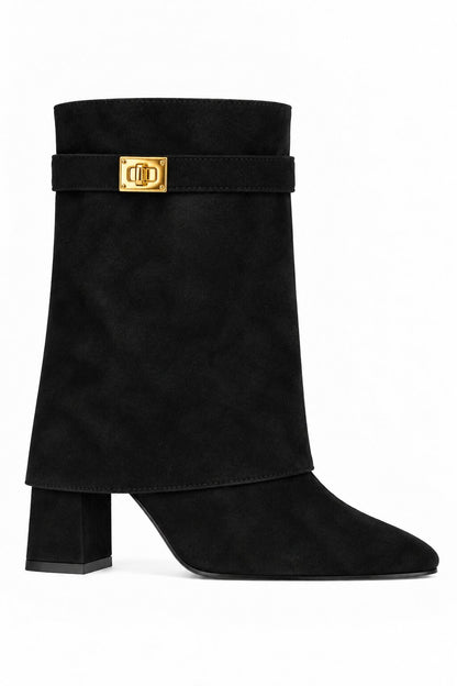 Mayfair Luxe Iconic Buckle Faux Suede Pointed Toe Mid-Calf Foldover Boots Black