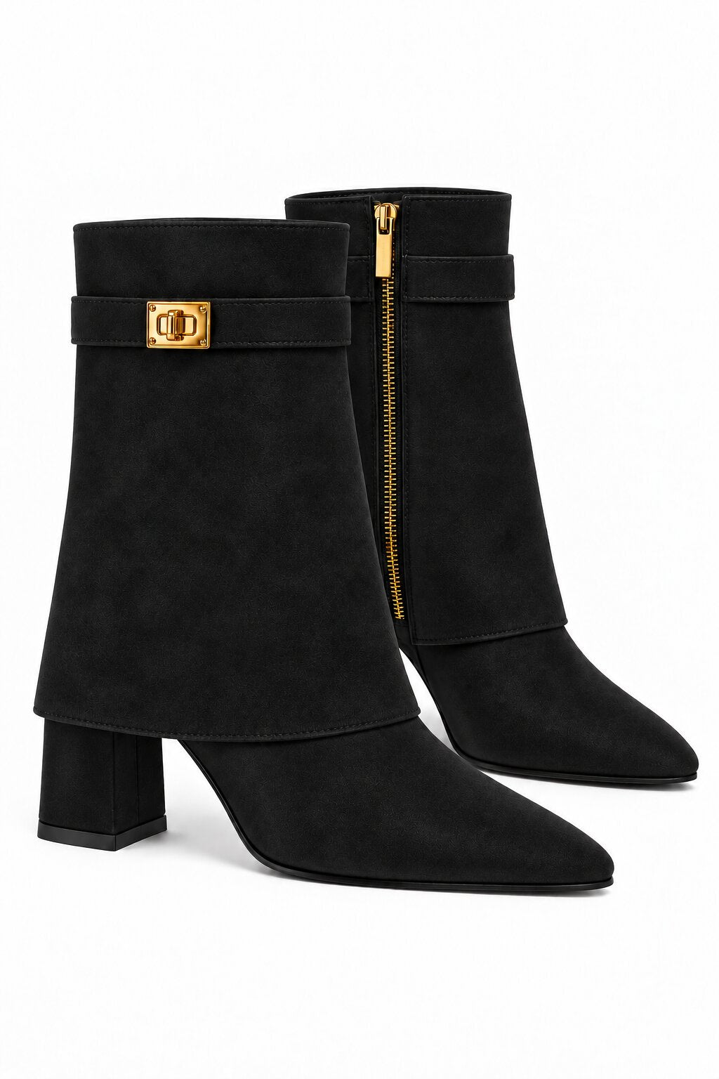 Mayfair Luxe Iconic Buckle Faux Suede Pointed Toe Mid-Calf Foldover Boots Black
