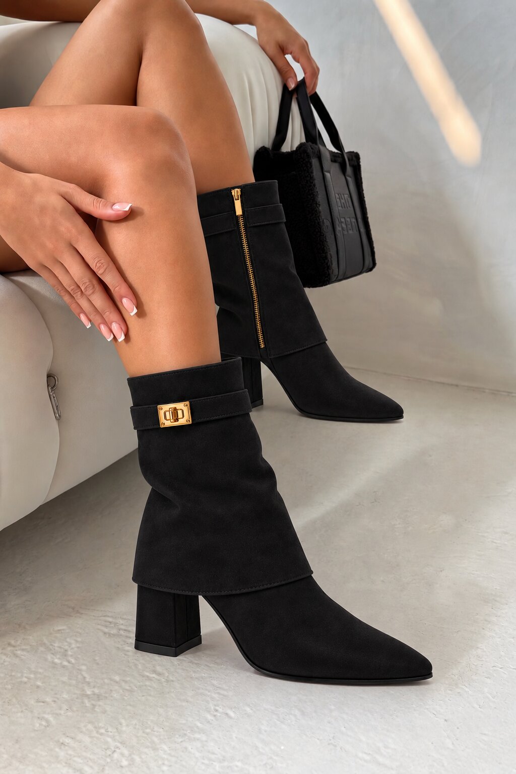 Mayfair Luxe Iconic Buckle Faux Suede Pointed Toe Mid-Calf Foldover Boots Black