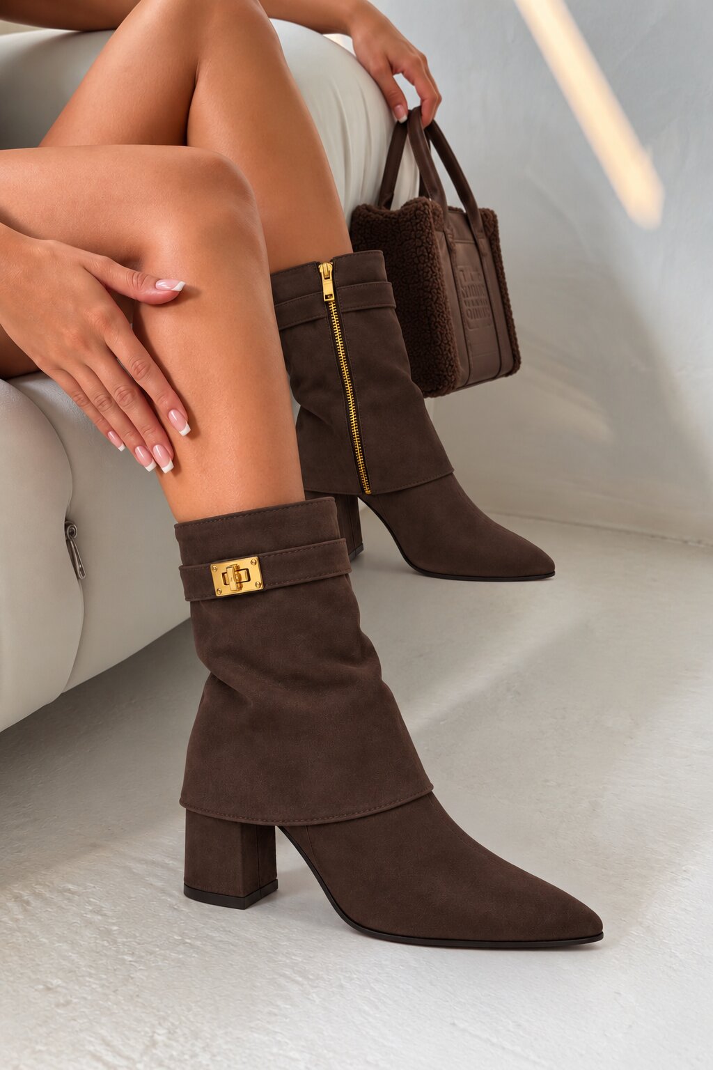 Mayfair Luxe Iconic Buckle Faux Suede Pointed Toe Mid-Calf Foldover Boots Brown