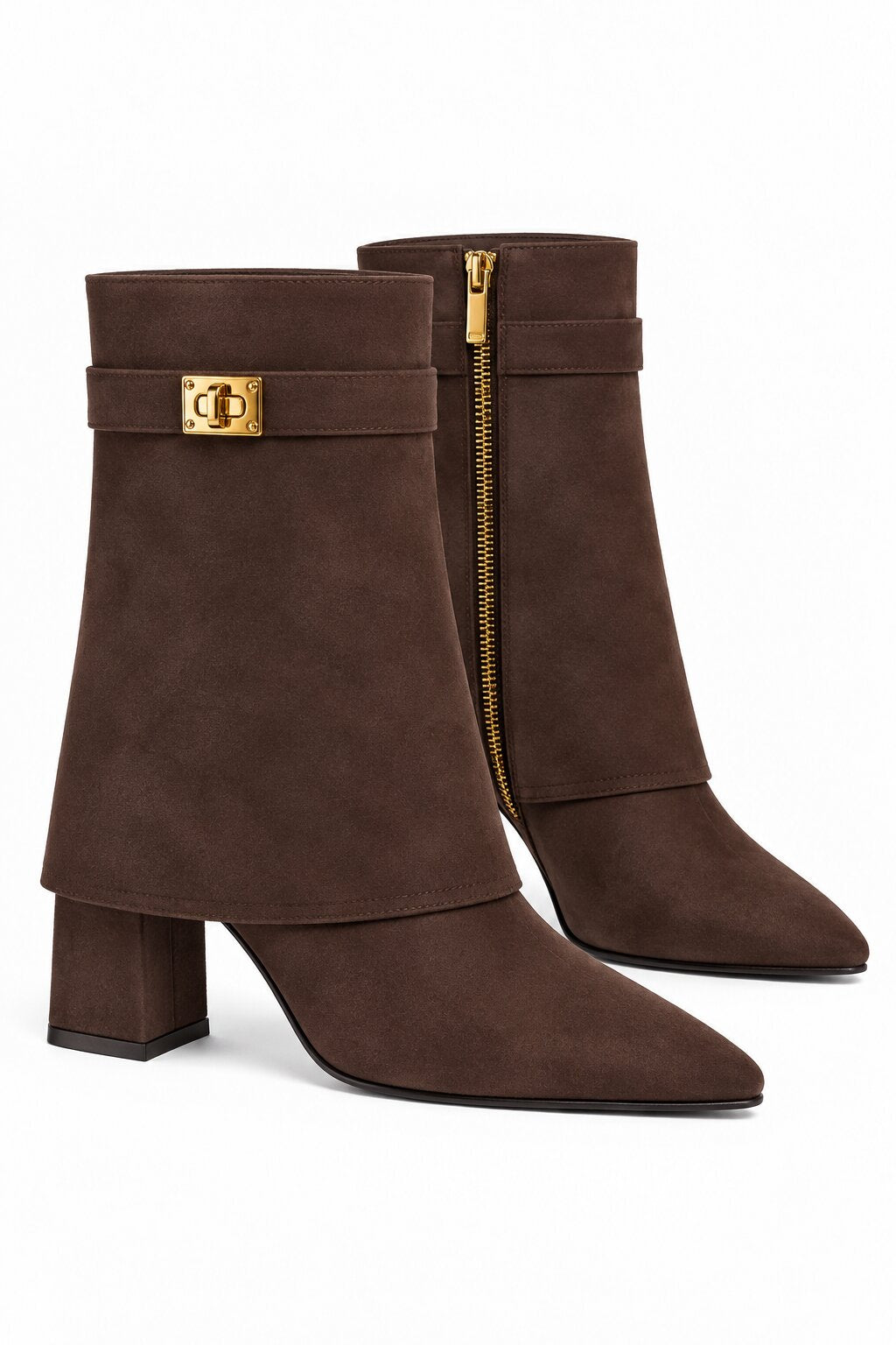 Mayfair Luxe Iconic Buckle Faux Suede Pointed Toe Mid-Calf Foldover Boots Brown