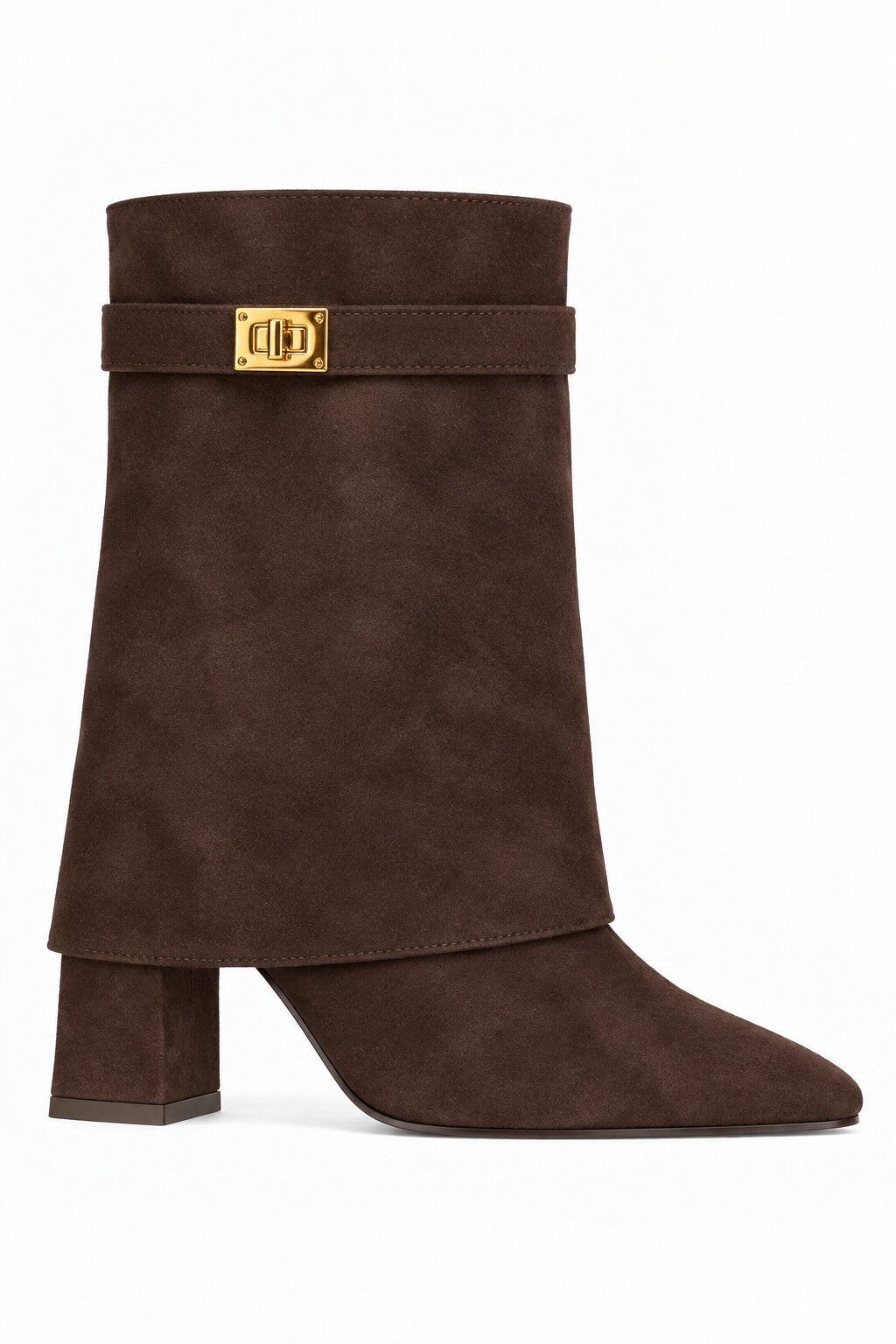 Mayfair Luxe Iconic Buckle Faux Suede Pointed Toe Mid-Calf Foldover Boots Brown