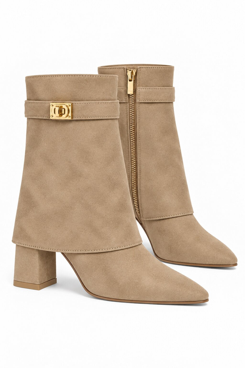 Mayfair Luxe Iconic Buckle Faux Suede Pointed Toe Mid-Calf Foldover Boots Nude