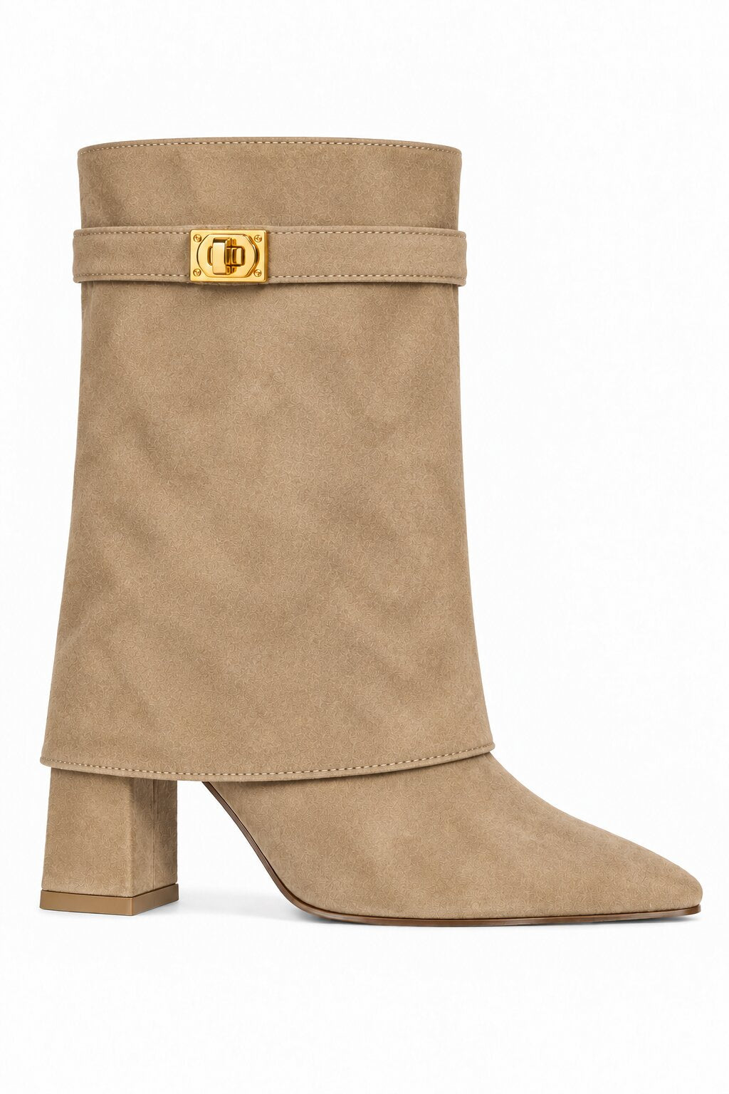 Mayfair Luxe Iconic Buckle Faux Suede Pointed Toe Mid-Calf Foldover Boots Nude