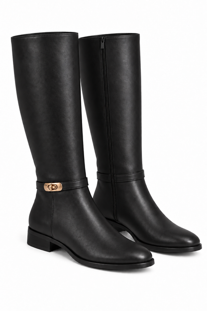 Mayfair Luxe Iconic Buckle Leather Look High Boots Black