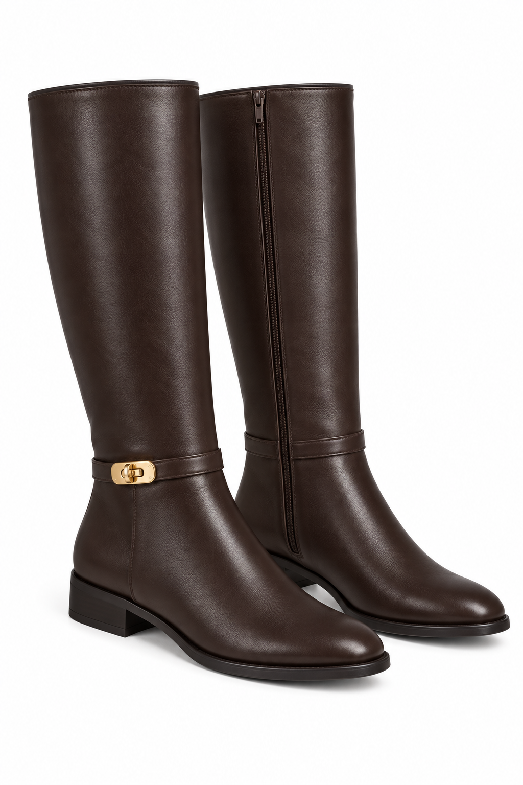 Mayfair Luxe Iconic Buckle Leather Look High Boots Coffee Brown