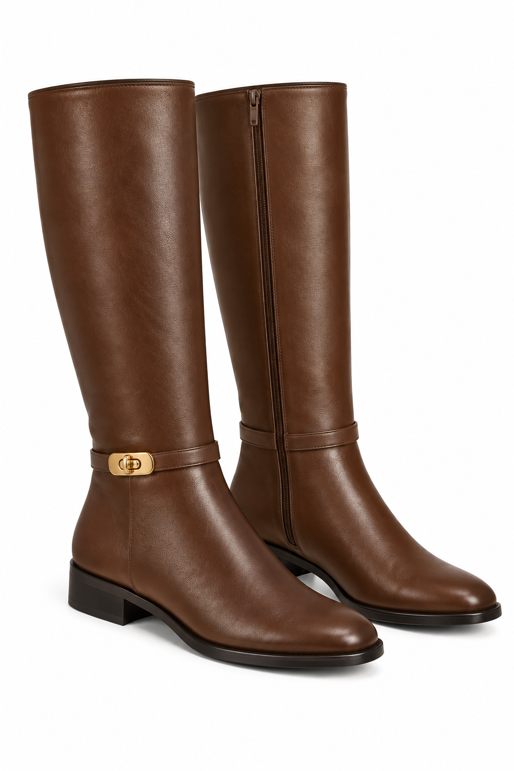 Mayfair Luxe Iconic Buckle Leather Look High Boots Camel