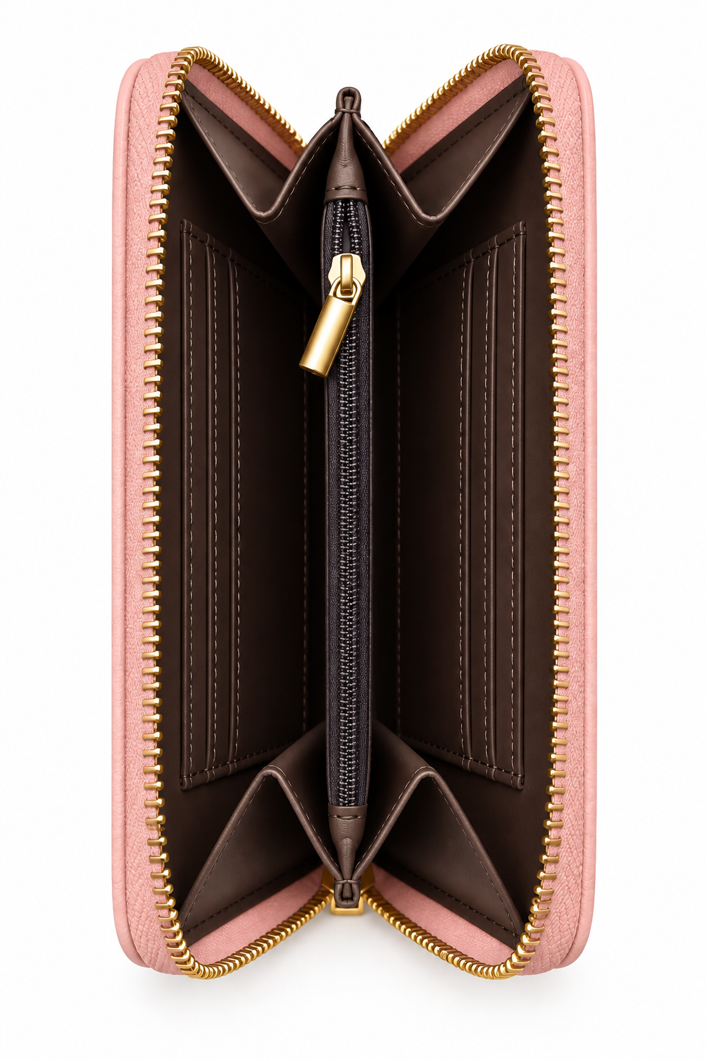 Side view of pink zip-around purse featuring gold tone zipper teeth, a matching gold zip pull and brown accordion- style interior with multiple compartments. 