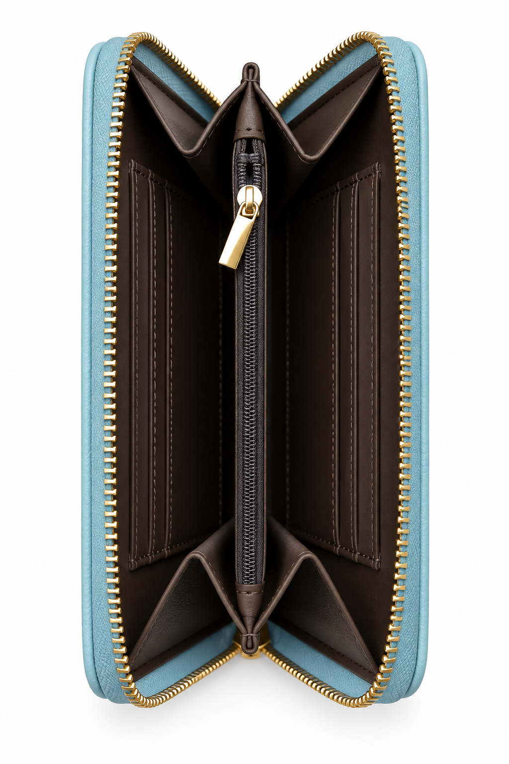 Side view of blue zip-around purse featuring gold tone zipper teeth, a matching gold zip pull and beige accordion- style interior with multiple compartments. 