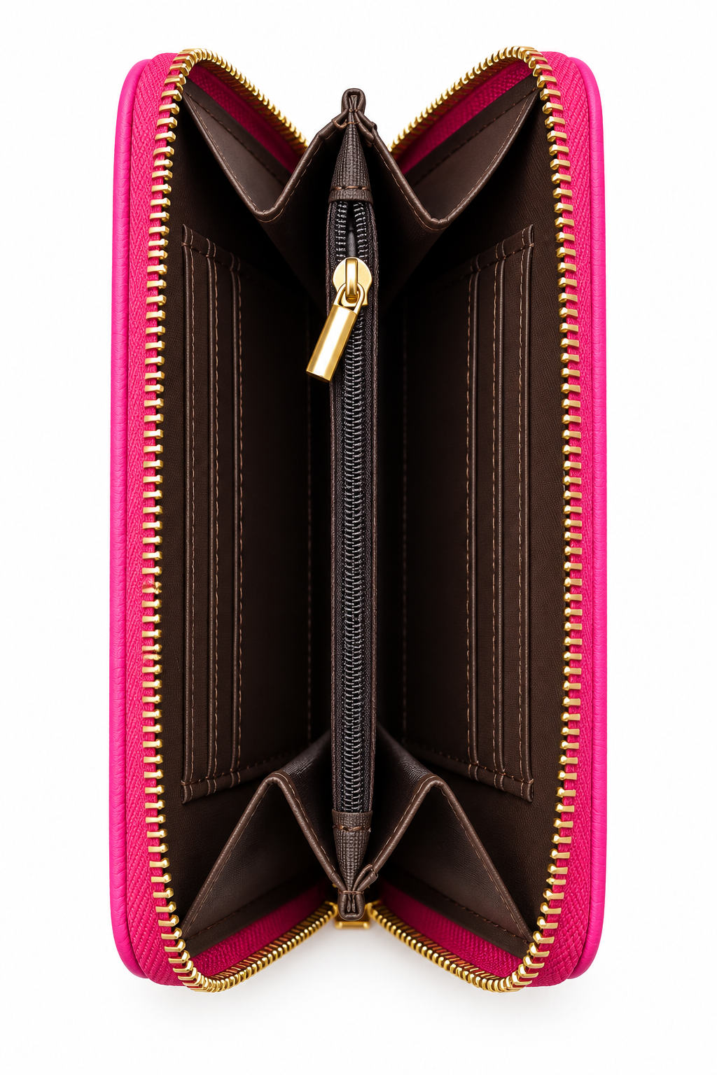 Side view of hot pink zip-around purse featuring gold tone zipper teeth, a matching gold zip pull and beige accordion- style interior with multiple compartments. 
