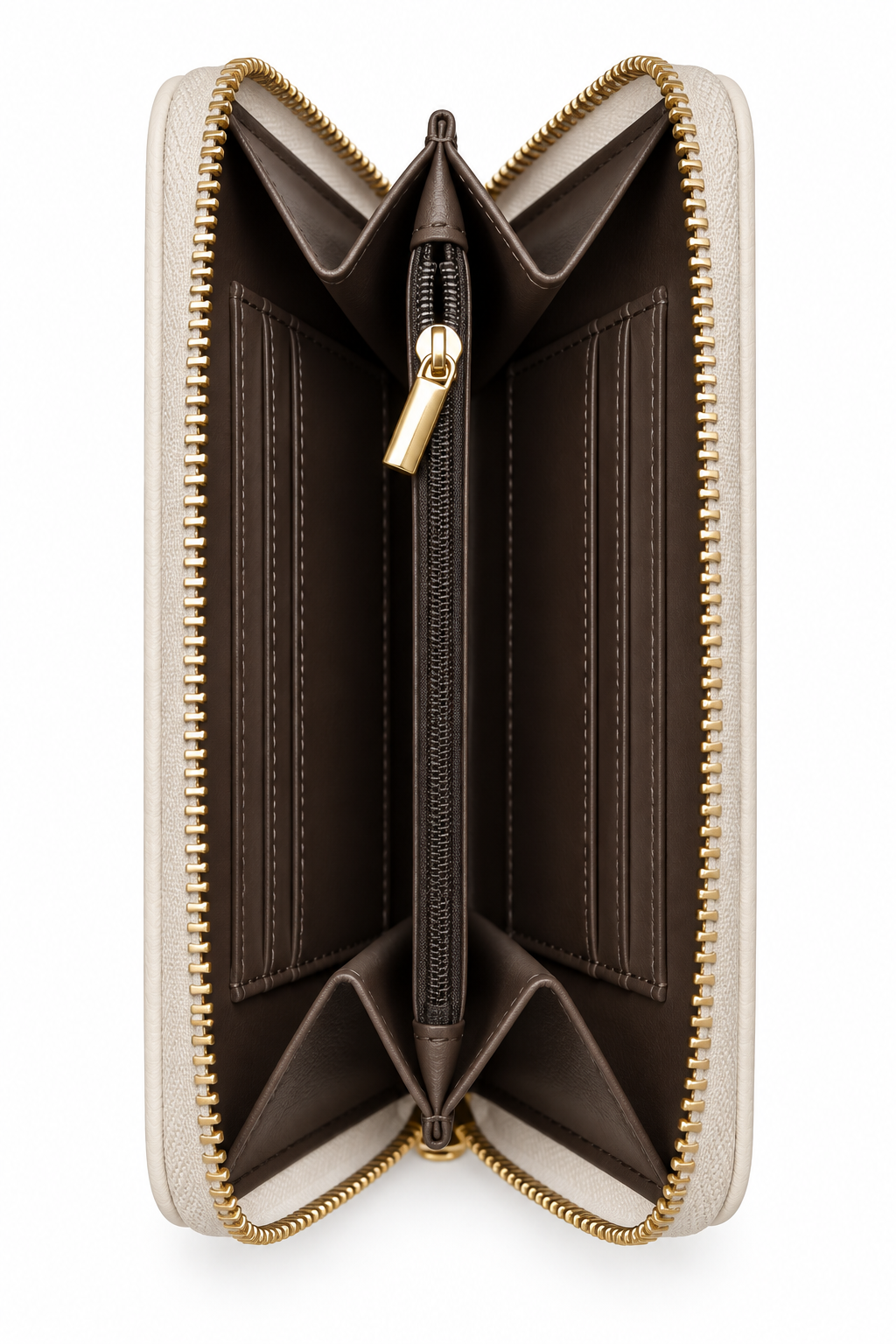 Side view of gold zip-around purse featuring gold tone zipper teeth, a matching gold zip pull and beige accordion- style interior with multiple compartments. 