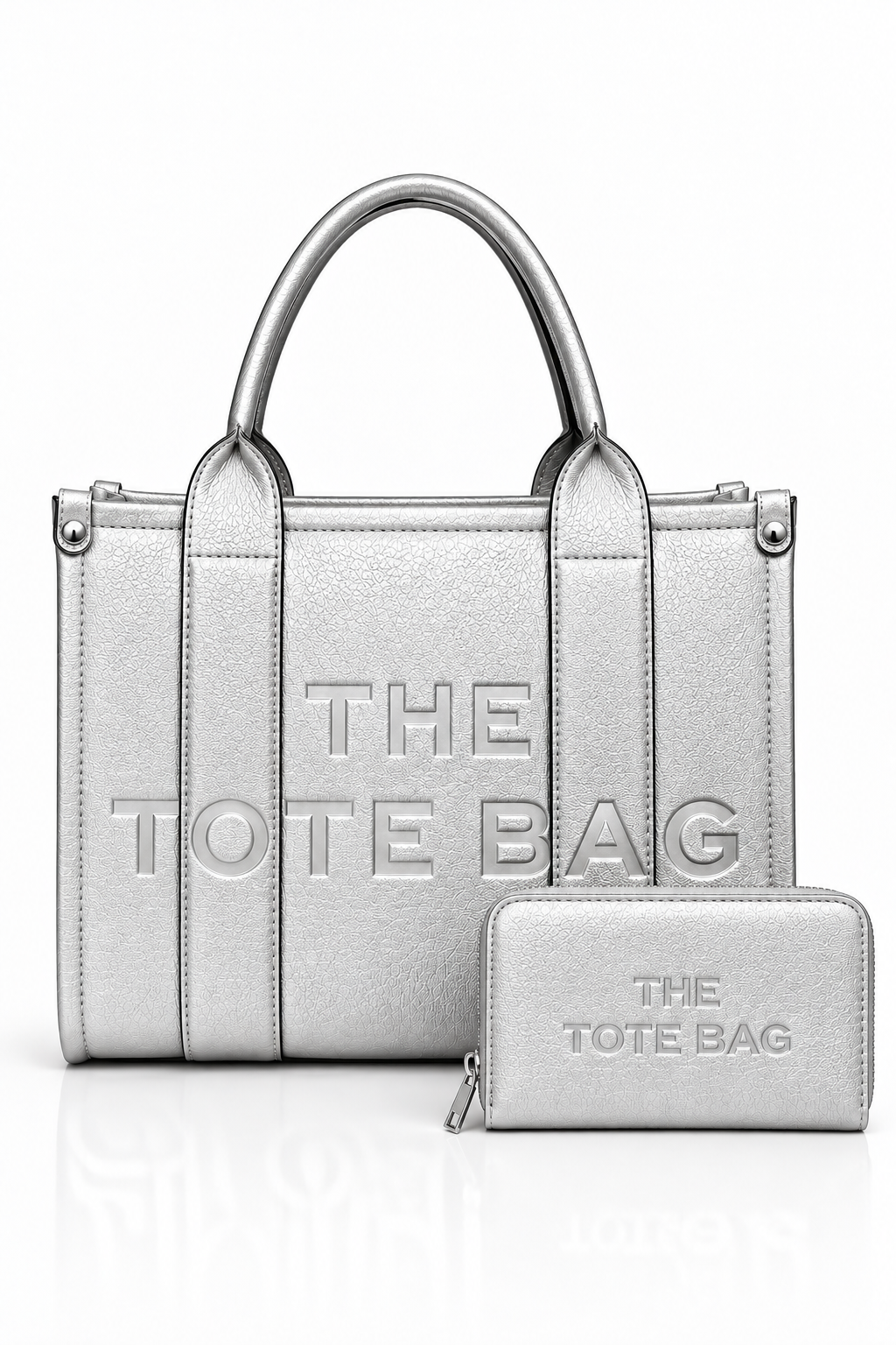 Faux Leather Medium Tote Bag Metallic Silver &amp; Faux Leather Tote Bag Purse Metallic Silver Bundle