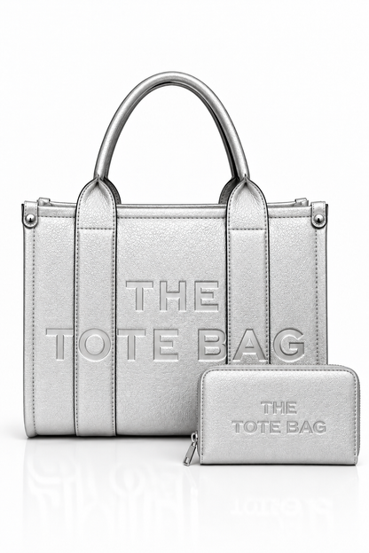 Faux Leather Medium Tote Bag Metallic Silver &amp; Faux Leather Tote Bag Purse Metallic Silver Bundle