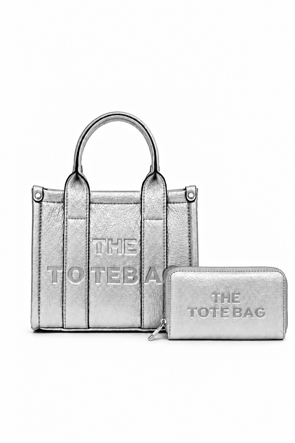 Faux Leather Mini Tote Bag Metallic Silver &amp; Faux Leather Tote Bag Purse Metallic Silver Bundle