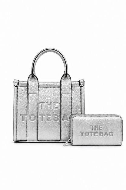 Faux Leather Mini Tote Bag Metallic Silver &amp; Faux Leather Tote Bag Purse Metallic Silver Bundle