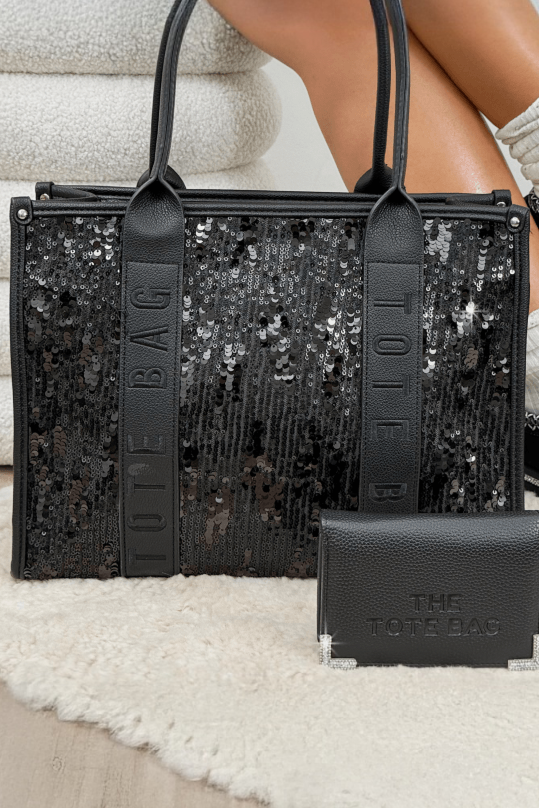Midnight Sequin Glimmer Large Tote Bag Black designed with available in medium &amp; large