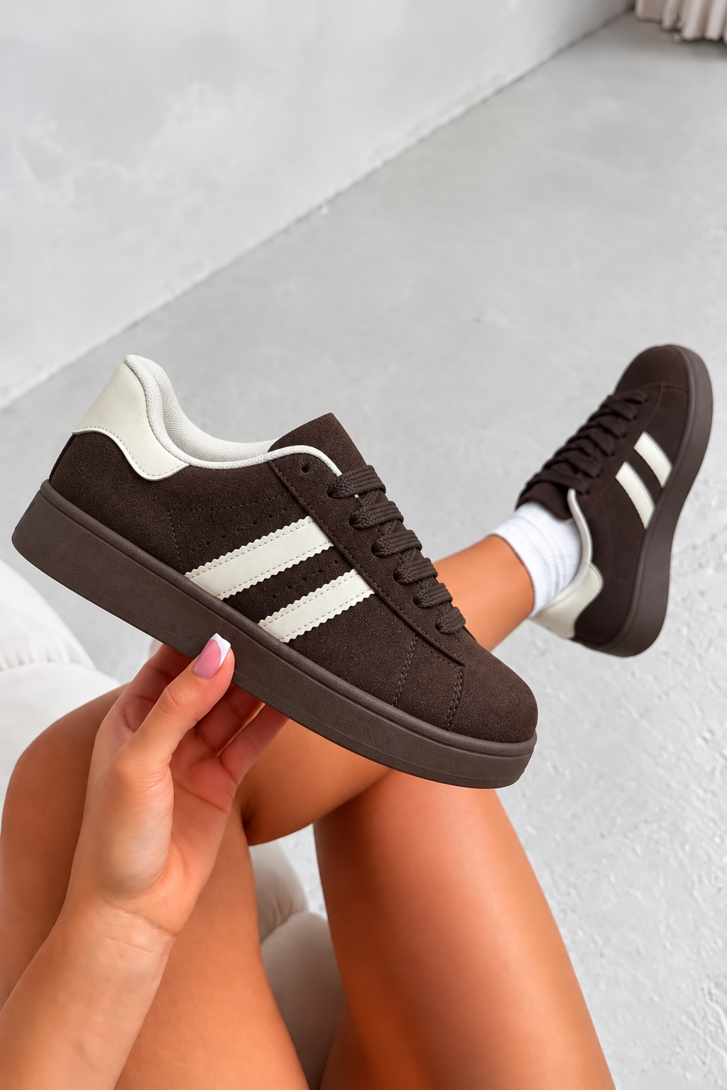 Classic Faux Suede Lace-Up Stripe Trainers Beige Brown