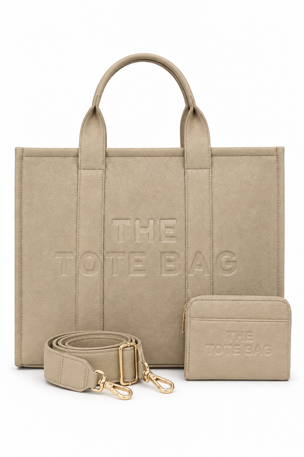 Faux Leather Large Tote Bag Beige &amp; Zip Up Tote Bag Purse Beige Bundle