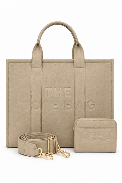Faux Leather Large Tote Bag Beige &amp; Zip Up Tote Bag Purse Beige Bundle