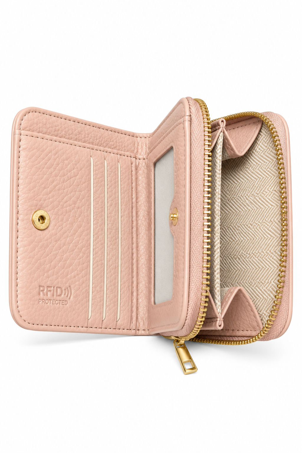 Light pink faux fur leather zip- around purse with embossed "THE TOTE BAG" branding on the front, a textured finish, neat stitching, rounded corners and gold-tone zip with matching pull tab. The interior features multiple card slots, a clear ID window, a zipped coin compartment and embossed branding