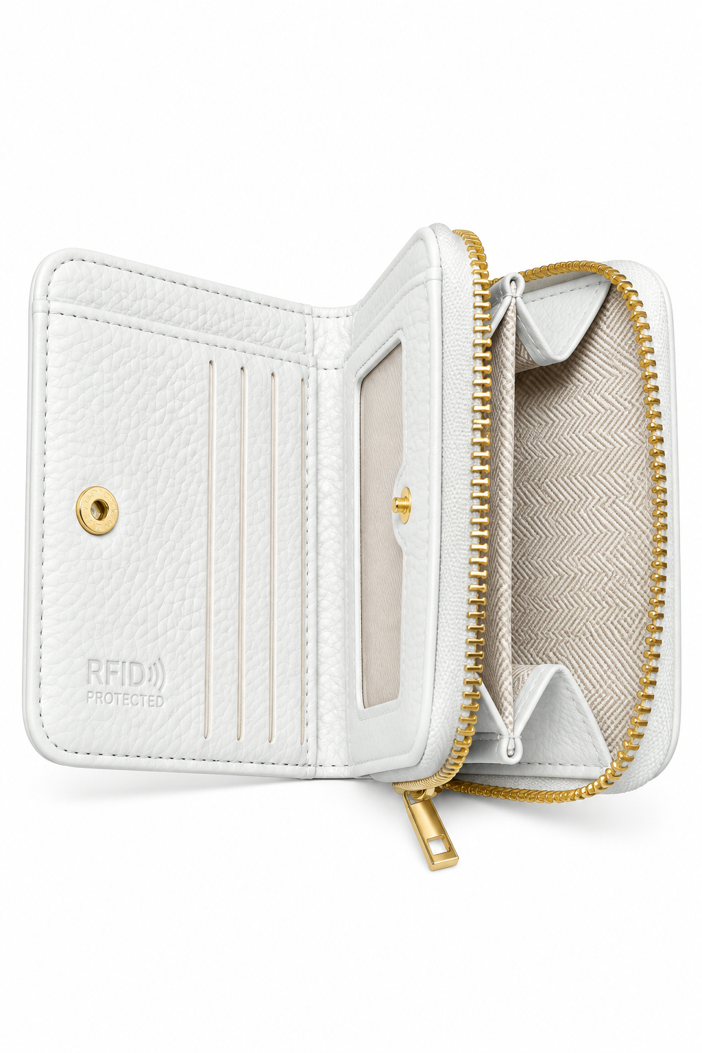 White textured purse shown open, featuring multiple card slots, a clear ID window, a snap-button closure and spacious zip around coin compartment with beige patterned lining and gold-tone hardware.
