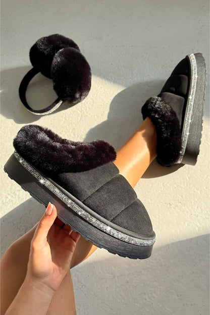 Crystal Trim Soft Touch Slippers Black designed with quilted faux suede
