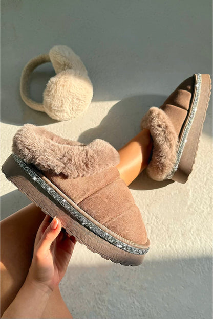 Crystal Trim Soft Touch Slippers Brown designed with quilted faux suede