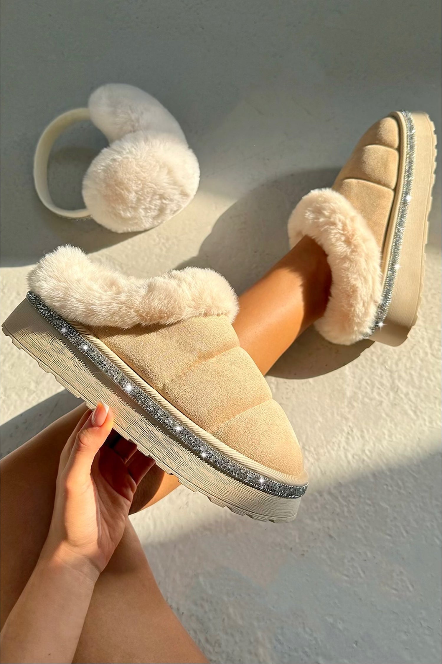 Crystal Trim Soft Touch Slippers Nude featuring quilted faux suede