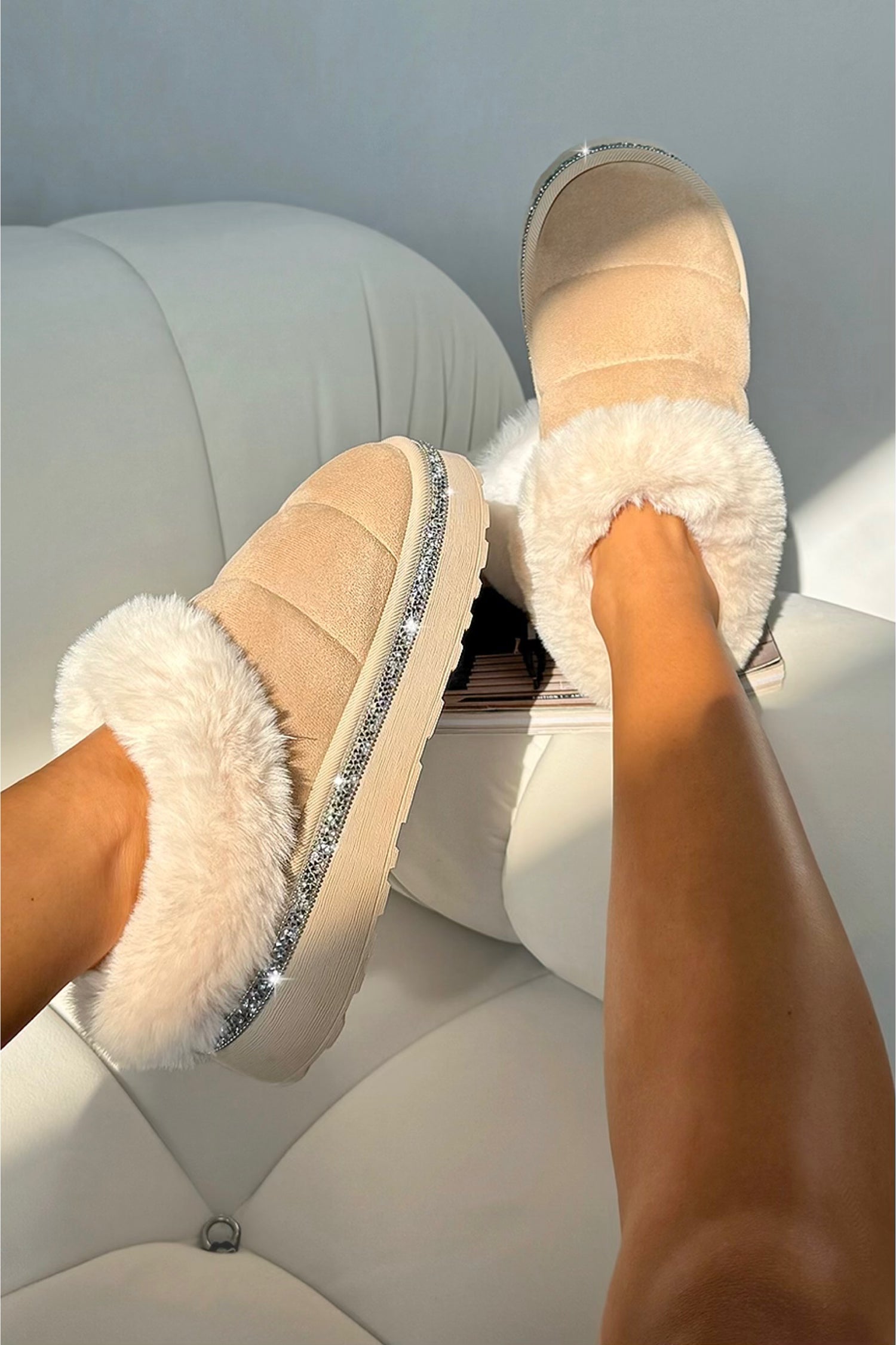 Crystal Trim Soft Touch Slippers Nude, highlighting plush faux fur for next-level warmth