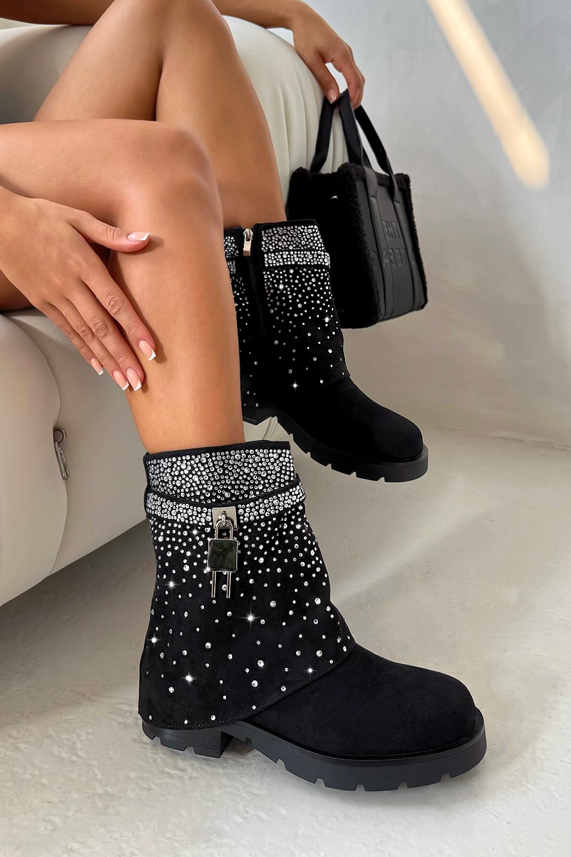 Crystal Starlight Stride Boots Black finished with faux Suede with crystal embellishments