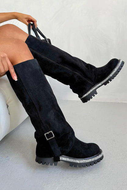 Crystal Trim Wild Obsession Knee High Boots Black designed with soft faux suede