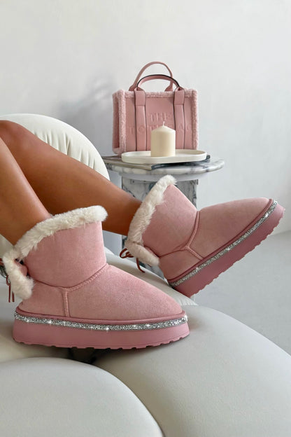 Crystal Faux Fur Bow Snugg Boots Pink featuring durable rubber platform with crystal trim