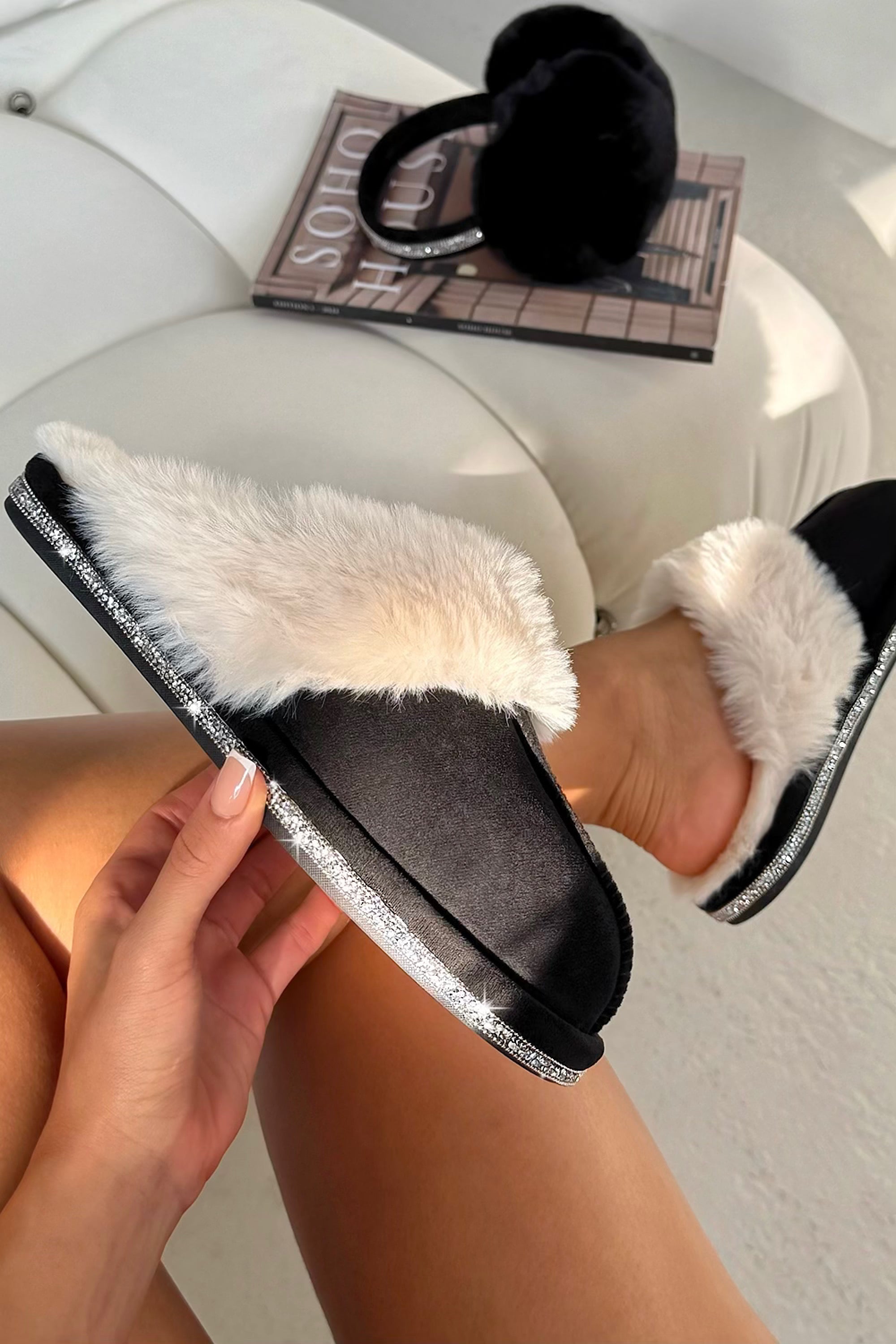 Crystal Trim Cosy Slippers Black designed with true to size