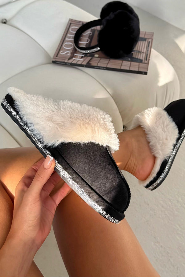 Crystal Trim Cosy Slippers Black designed with true to size