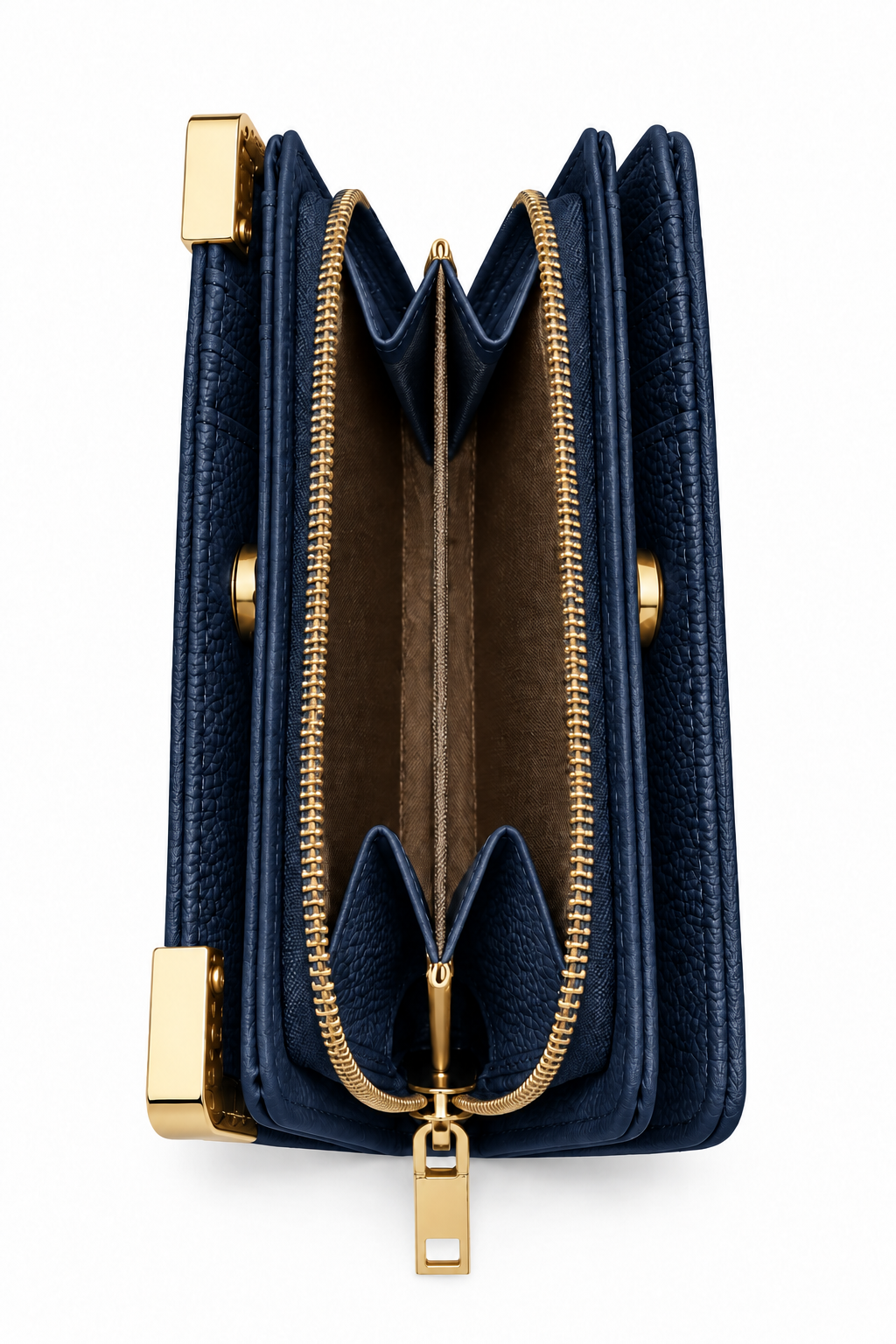Navy blue textured tote purse shown from the side, featuring multiple accordion- style compartments, a central zippered section with gold- tone zipper and pull, and gold-tone metal hardware.