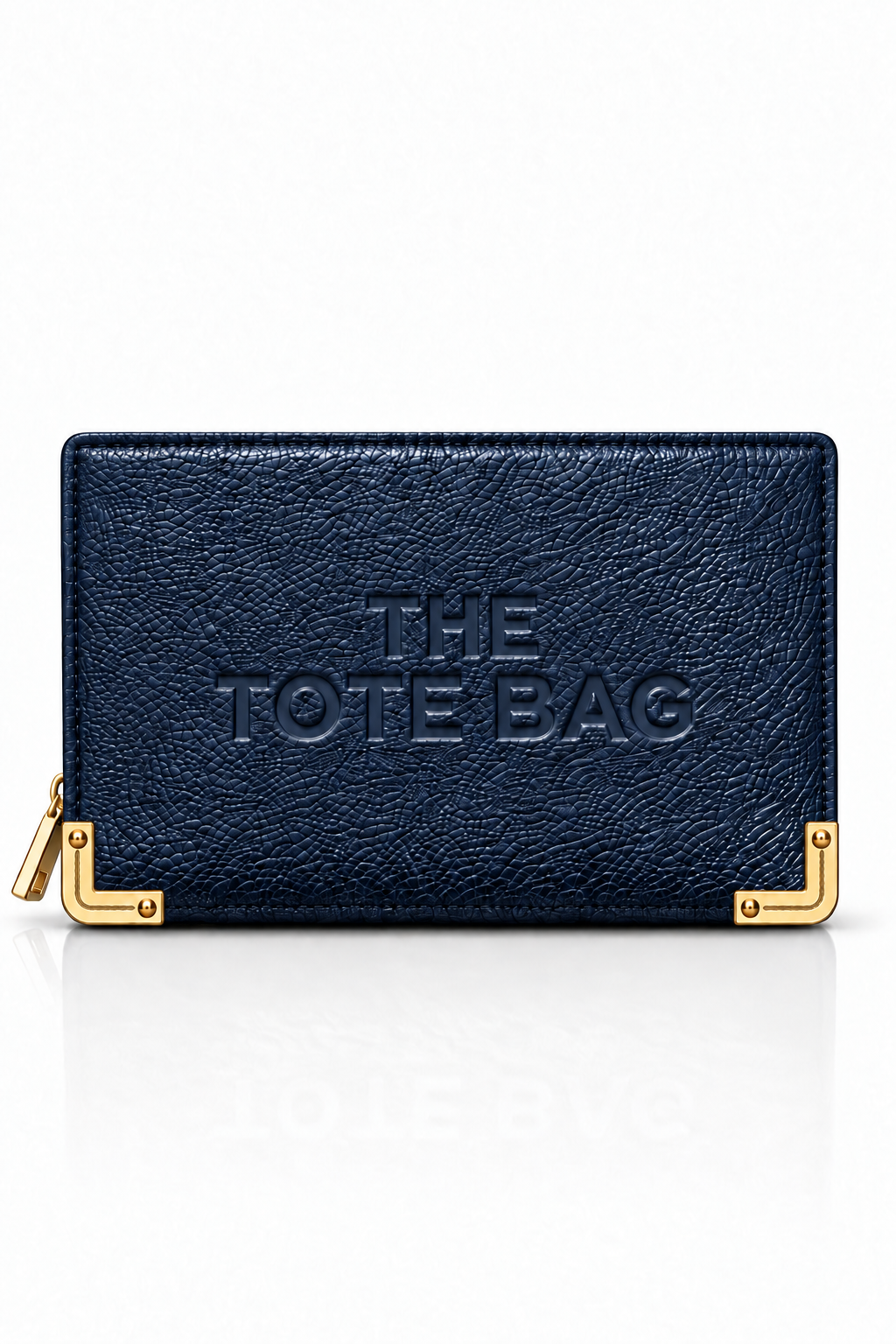 A navy blue textured leather tote bag with gold-tone hardware and the words &