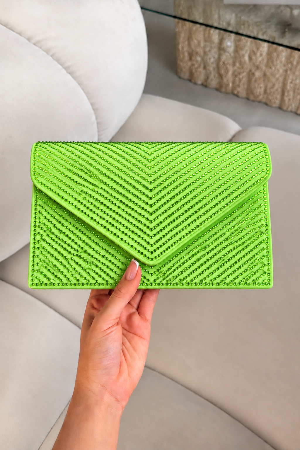 Crystal Glam Envelope Clutch Bag Lime Green