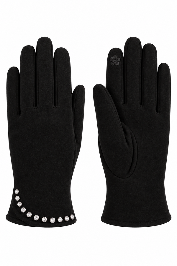 Noelle Crystal Flora Faux Suede Gloves Black