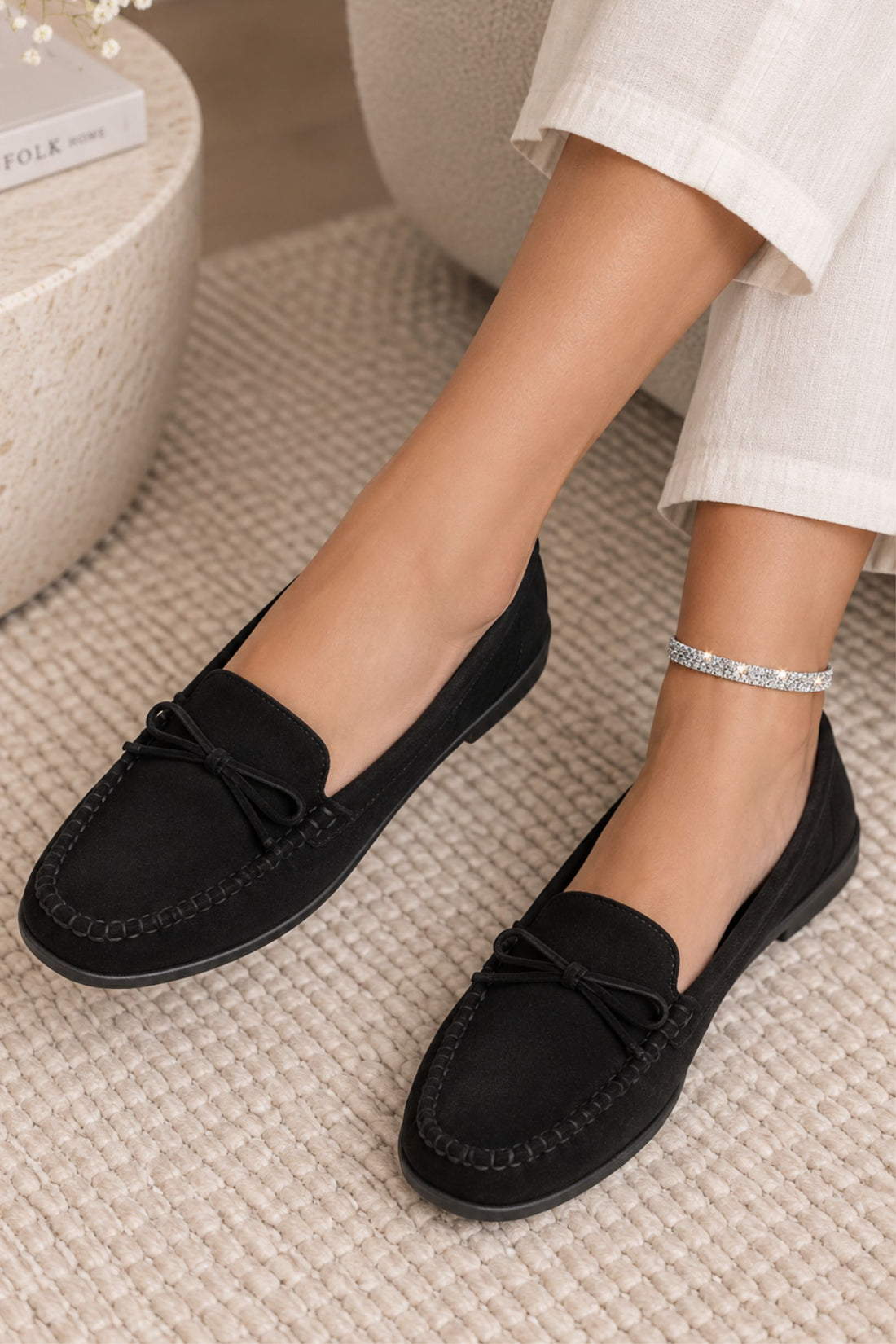 Nola Faux Suede Bow Detail Moccasin Flat Loafers Black